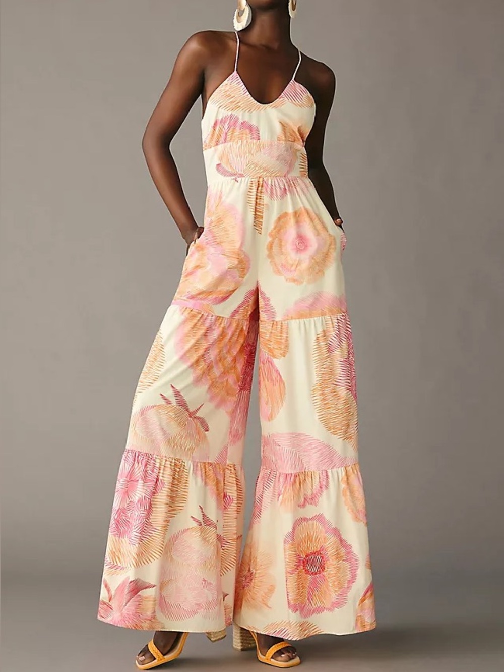 Anthropologie Hutch Women’s Tiered Wide Leg Printed Sleeveless Jumpsuit Pink